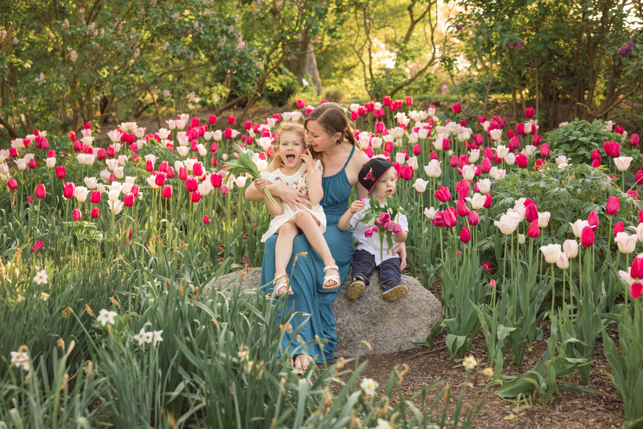 Mom and her two younger children sitting on a rock in the middle of a tulip flower bed. Taken during a family photography session at Lilacia Park in Lombard, IL